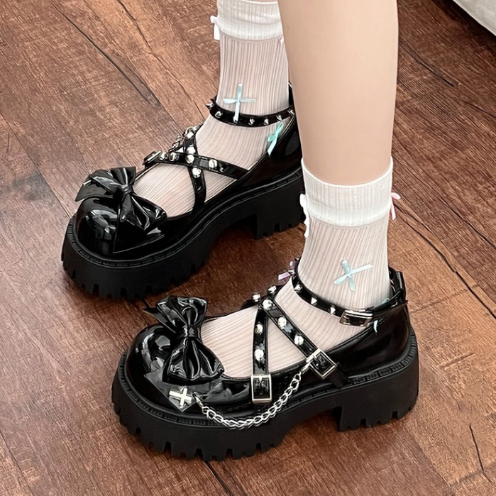 Giày Đế Dày 7CM Màu Trắng / Đen Phong Cách Lolita Hàn Quốc 2023 Cho Nữ