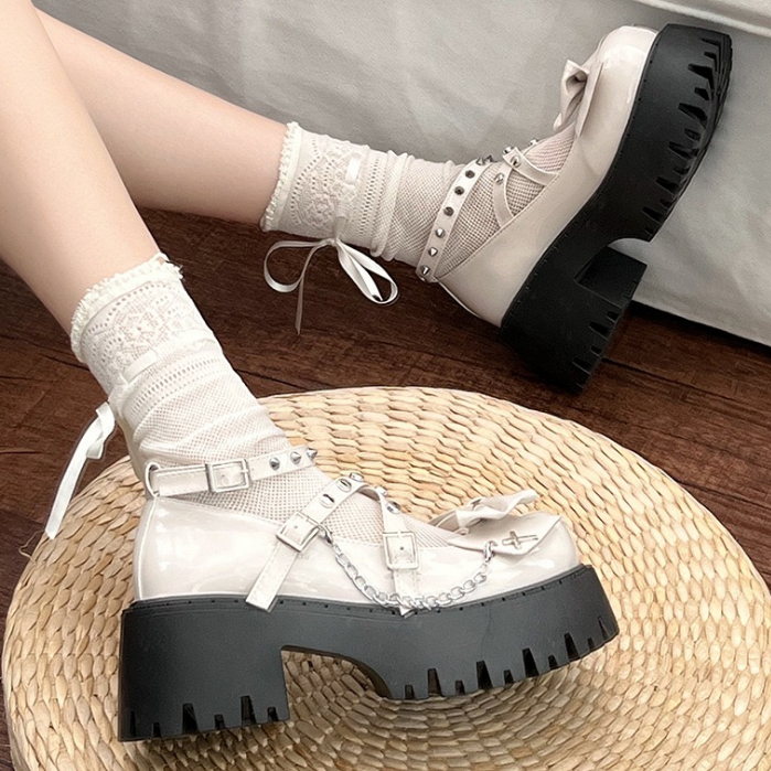 Giày Đế Dày 7CM Màu Trắng / Đen Phong Cách Lolita Hàn Quốc 2023 Cho Nữ