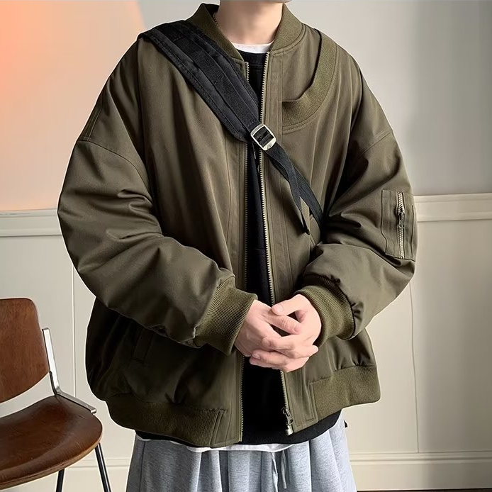 Áo khoác kaki nam mỹ vintage thời trang áo khoác bomber nam bóng chàyphong cách đường phố simple loose áo khoác unisex