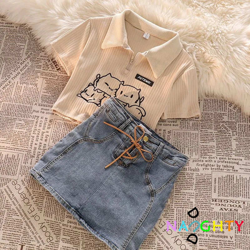 Cho Bé Gái 1-11 Tuổi Set Áo Thun Polo Ngắn Tay Và Chân váy jean Thời Trang