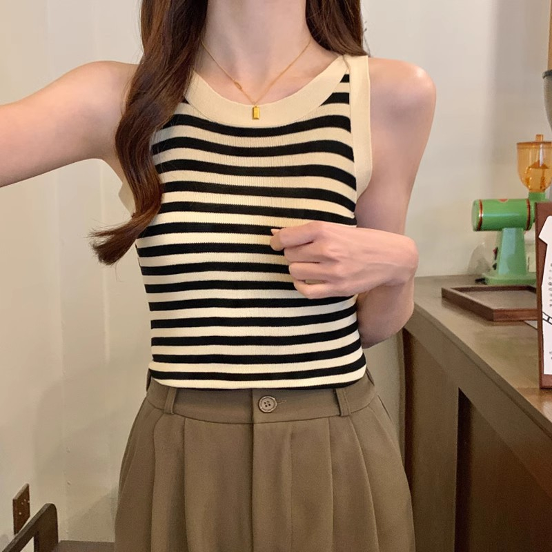 ZHELIHANGFEI Áo Dệt Kim Không Tay Dáng Ôm Họa Tiết Kẻ Sọc Thời Trang Mùa Hè Cho Nữ