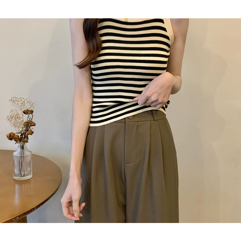 ZHELIHANGFEI Áo Dệt Kim Không Tay Dáng Ôm Họa Tiết Kẻ Sọc Thời Trang Mùa Hè Cho Nữ