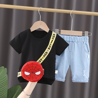 Set đồ mùa hè 2 món gồm áo thun cổ tròn in hình người nhện hoạt hình + quần ngắn denim thời trang cho bé trai