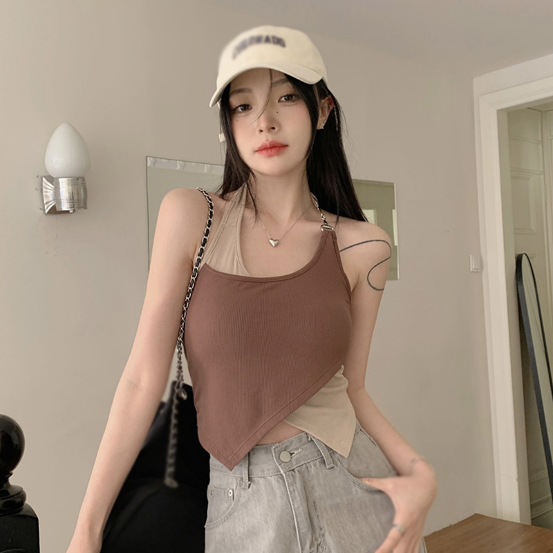 Áo Croptop Hai Dây Có Mút Đệm Ngực Màu Sắc Tương Phản Thời Trang Mùa Hè Cho Nữ