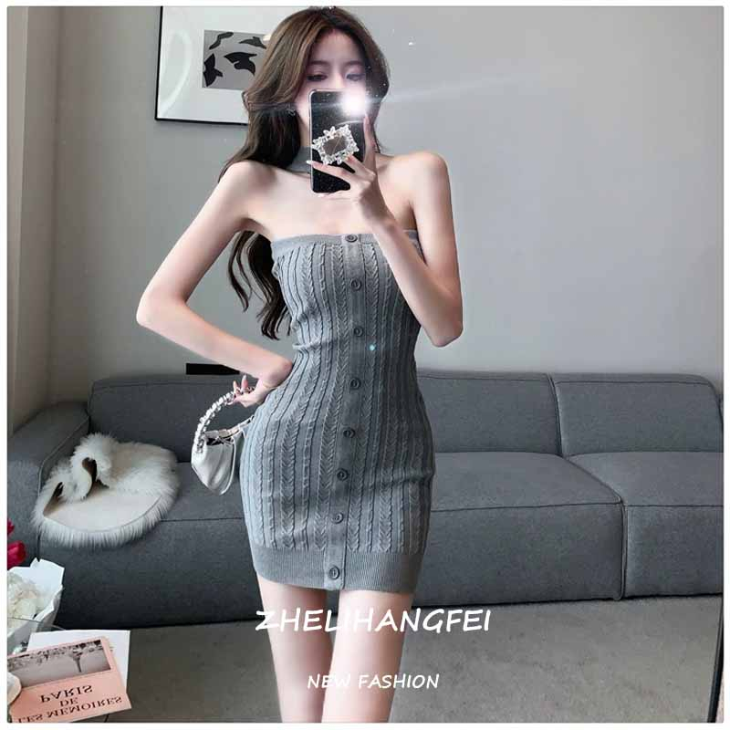 ZHELIHANGFEI Đầm Dệt Kim Hai Dây Cổ Hẹp Quyến Rũ Cho Nữ