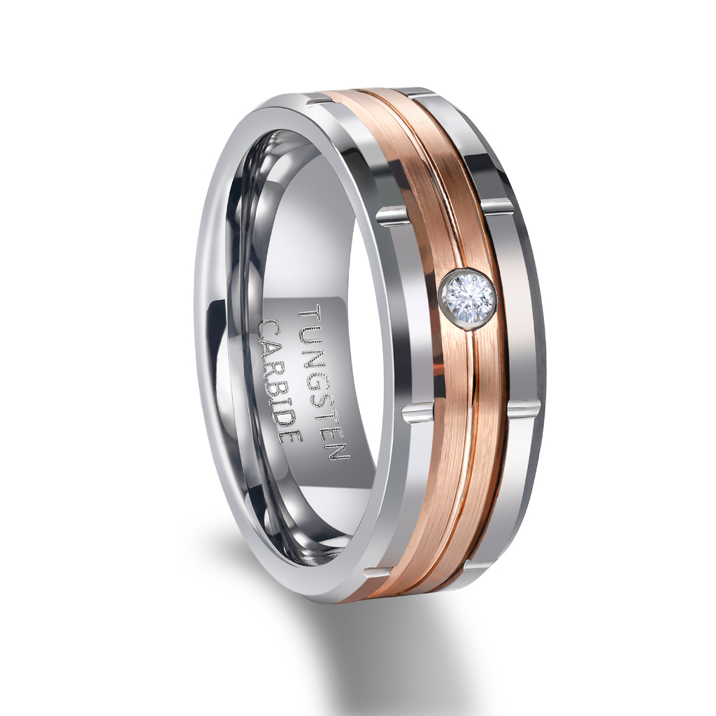 [Amorjewels] Nhẫn thép vonfram nam Mỹ Châu Âu rộng 8mm Thiết kế thích hợp hai màu Thiết kế nhẫn nam dát Moissanite Nhẫn vàng vonfram chỉ mục Nhẫn đuôi (Size 6-13)