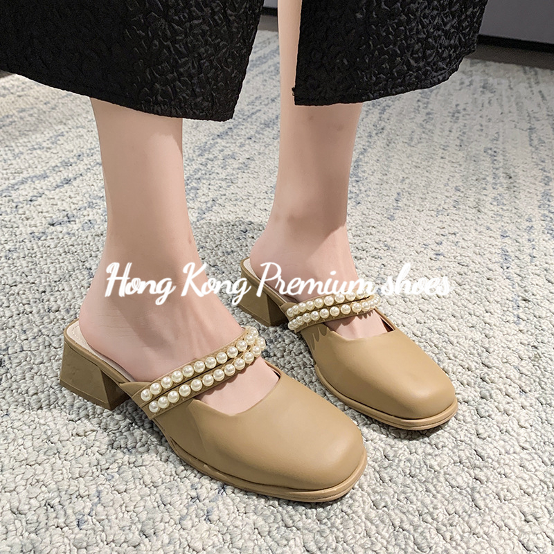Hong Kong Premium shoes❥(^_-)Dép Bít Mũi Đế Dày Đính Ngọc Trai Thời Trang Mùa Hè Cho Nữ