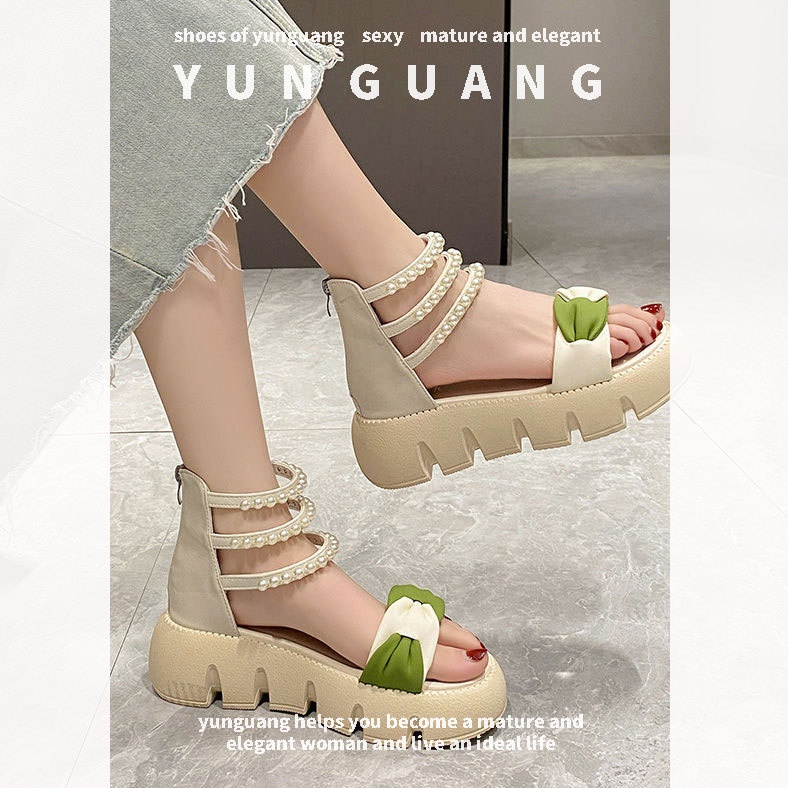 Xăng đan YUNGUANG đế dày quai đính ngọc trai thời trang đi biển cho nữ
