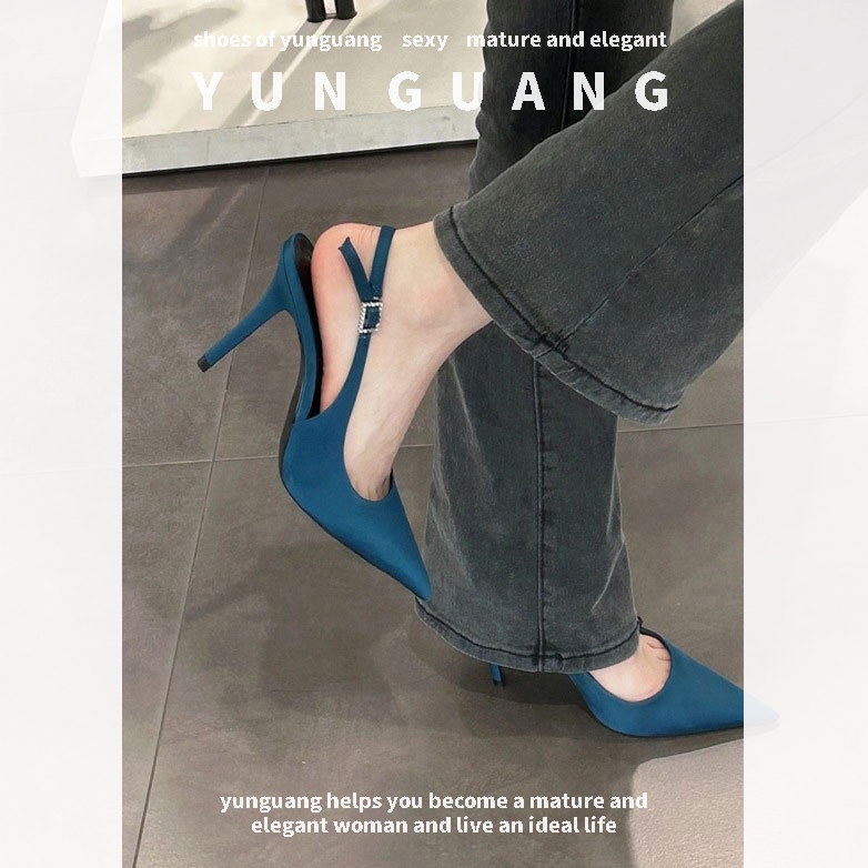 Yunguang Giày Cao Gót Mũi Nhọn Màu Xanh Dương Phong Cách Pháp Thời Trang Mùa Hè Cho Nữ