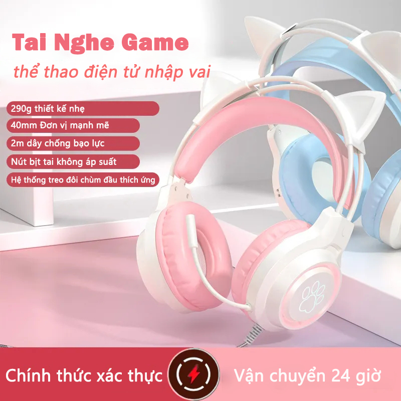 Tai nghe chụp tai có dây mic game thủ chuyên nghiệp tai mèo đèn LED nhiều màu