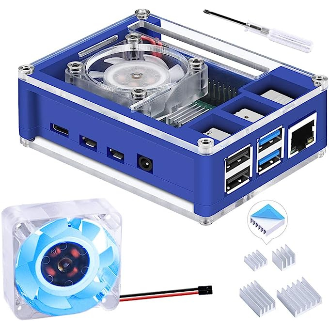 Ốp lưng 52Pi Raspberry Pi 4, Vỏ Raspberry Pi 4 có quạt 40X40X10mm (Đèn nền xanh) và 4 tản nhiệt Rasp