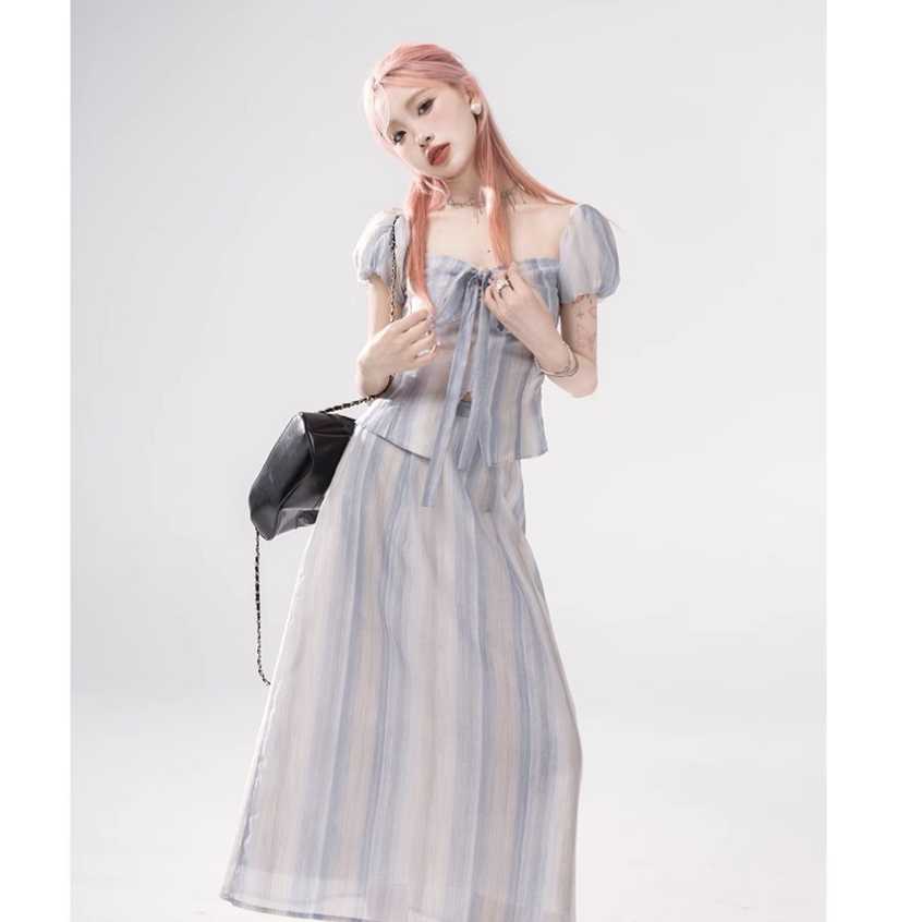 Honypove Set Áo Sơ Mi Kẻ Sọc Xanh Và Chân Váy Lưng Cao Phong Cách Retro Cho Nữ