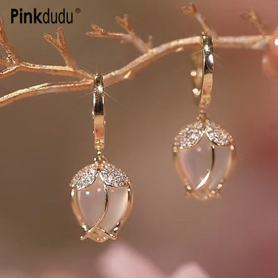 Khuyên tai PINKDUDU PD1411 hợp kim nhẹ vòng hoa tulip đá mắt mèo thời trang ngọt ngào dễ phối đồ cho nữ