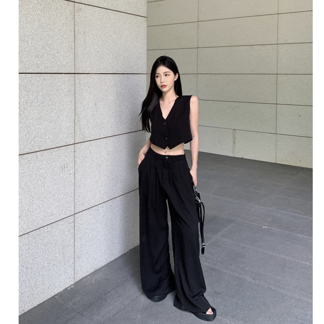 「Nonfatgirl」Bộ Áo Ngắn Không Tay + Quần Ống Rộng Lưng Cao Phong Cách Mỹ Thời Trang Mùa Hè Cho Nữ