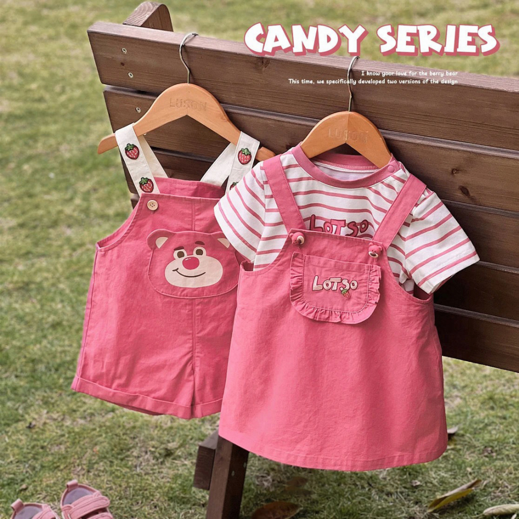 Bộ bé gái, quần yếm gấu dâu mùa hè cho bé, bộ thun ngắn tay cotton mỏng cho bé, set áo hai dây cho bé