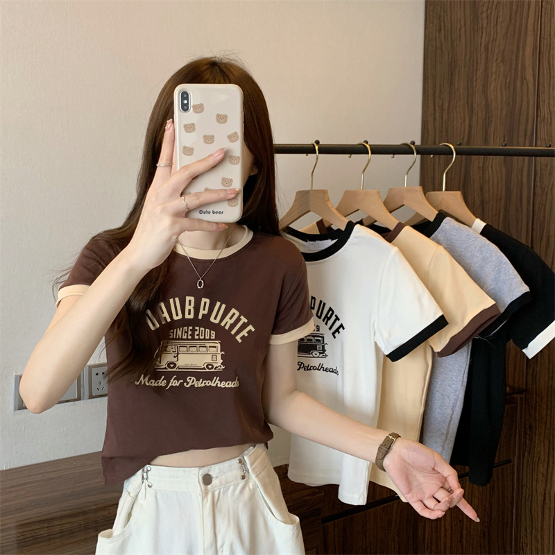 WANG JIAO ZHAN Áo Croptop Tay Ngắn Cổ Tròn Màu Sắc Tương Phản Thời Trang Cho Nữ