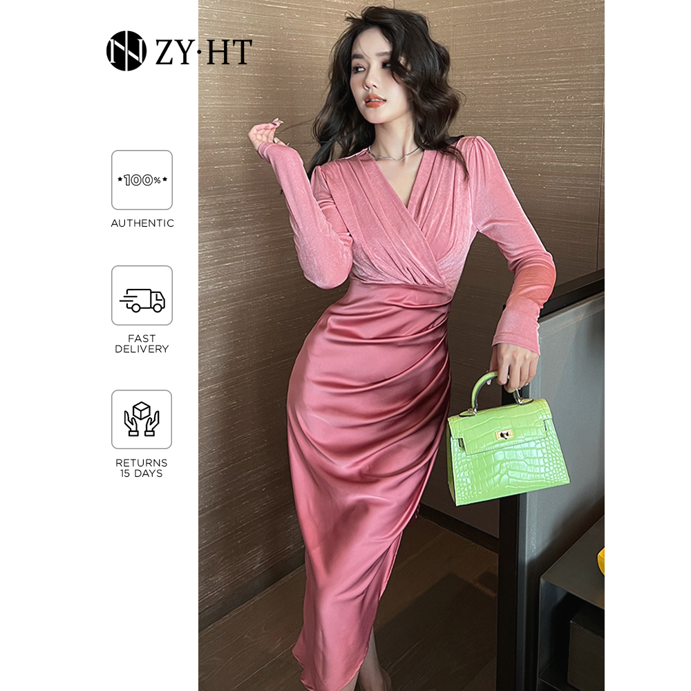 ZYHT Đầm Satin Dáng Ôm Phong Cách Thời Trang Thu Đông Kiểu Pháp Hàng Mới 5949