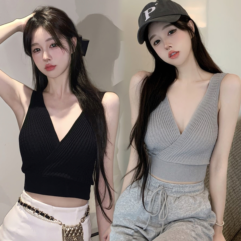 WANG JIAO ZHAN Áo Croptop Dệt Kim Cổ Chữ V Quyến Rũ Hợp Thời Trang crop top