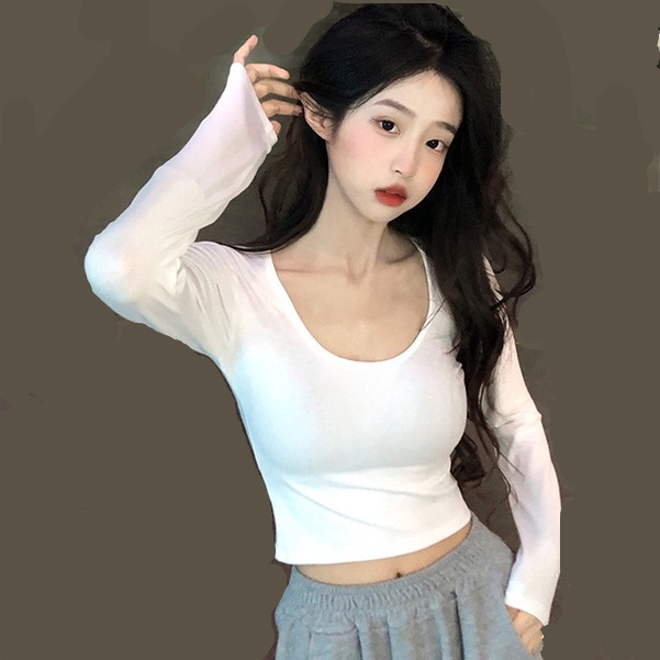 WANG JIAO ZHAN Áo croptop thun tay dài cổ chữ U thời trang nữ