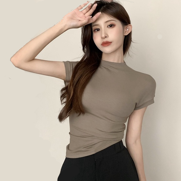 WANG JIAO ZHAN Áo crop top cổ lọ ngắn tay màu trơn thời trang