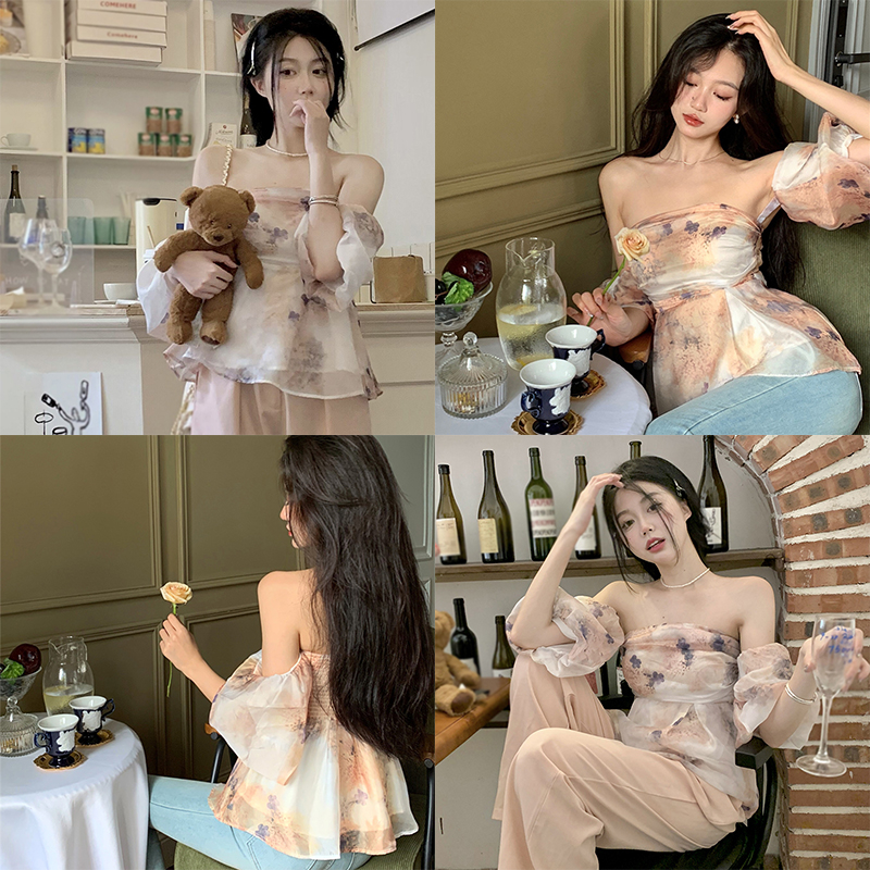 Áo Chiffon Trễ Vai Tay Ngắn Phồng In Họa Tiết Phong Cách Retro Thời Trang Cho Nữ