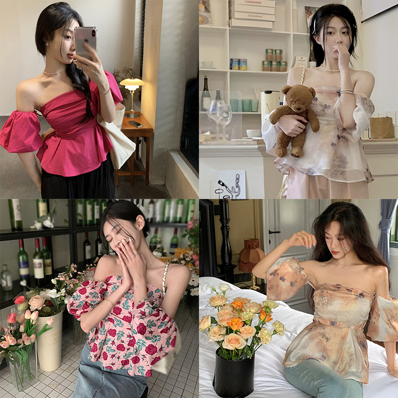 Áo Chiffon Trễ Vai Tay Ngắn Phồng In Họa Tiết Phong Cách Retro Thời Trang Cho Nữ