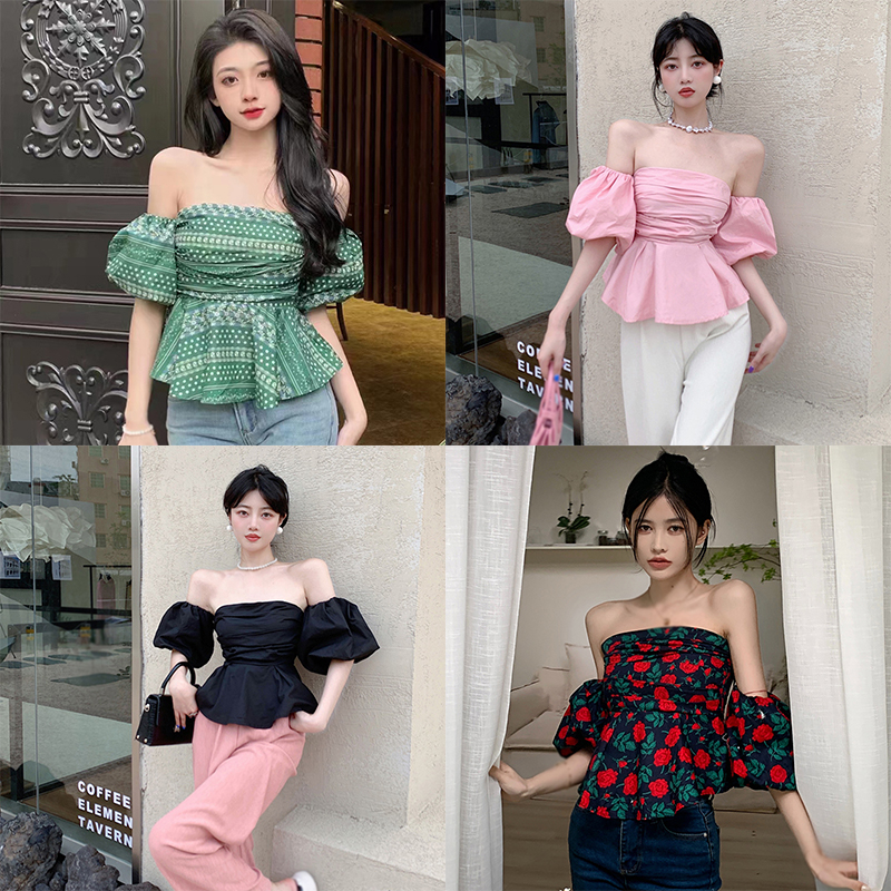 Áo Chiffon Trễ Vai Tay Ngắn Phồng In Họa Tiết Phong Cách Retro Thời Trang Cho Nữ