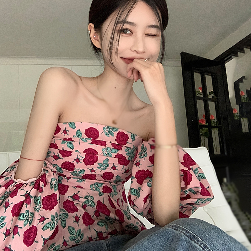 Áo Chiffon Trễ Vai Tay Ngắn Phồng In Họa Tiết Phong Cách Retro Thời Trang Cho Nữ