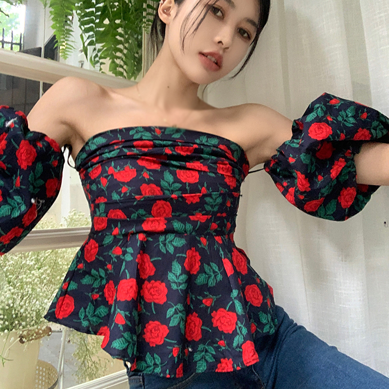 Áo Chiffon Trễ Vai Tay Ngắn Phồng In Họa Tiết Phong Cách Retro Thời Trang Cho Nữ