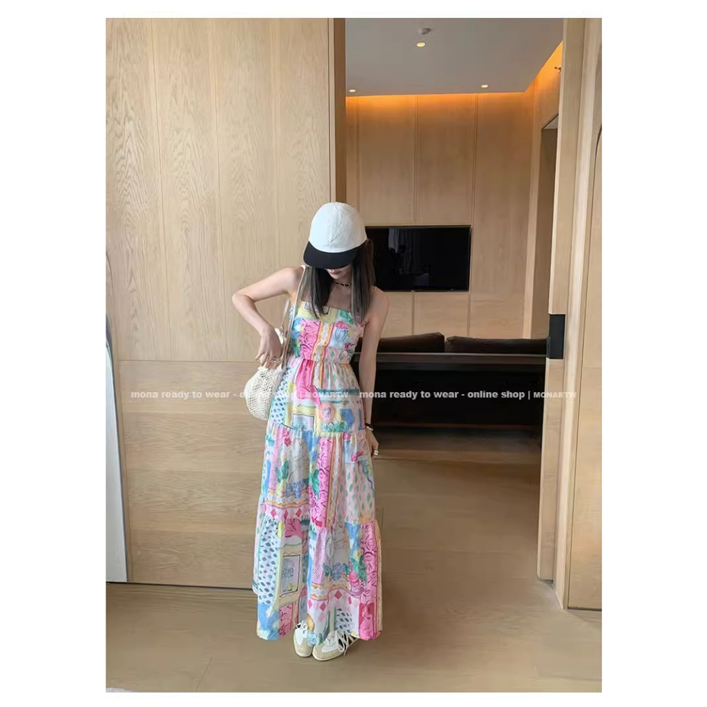 Honypove Đầm Hai Dây Dáng Dài Thời Trang Mùa Hè Phong Cách Retro Cao Cấp Cho Nữ