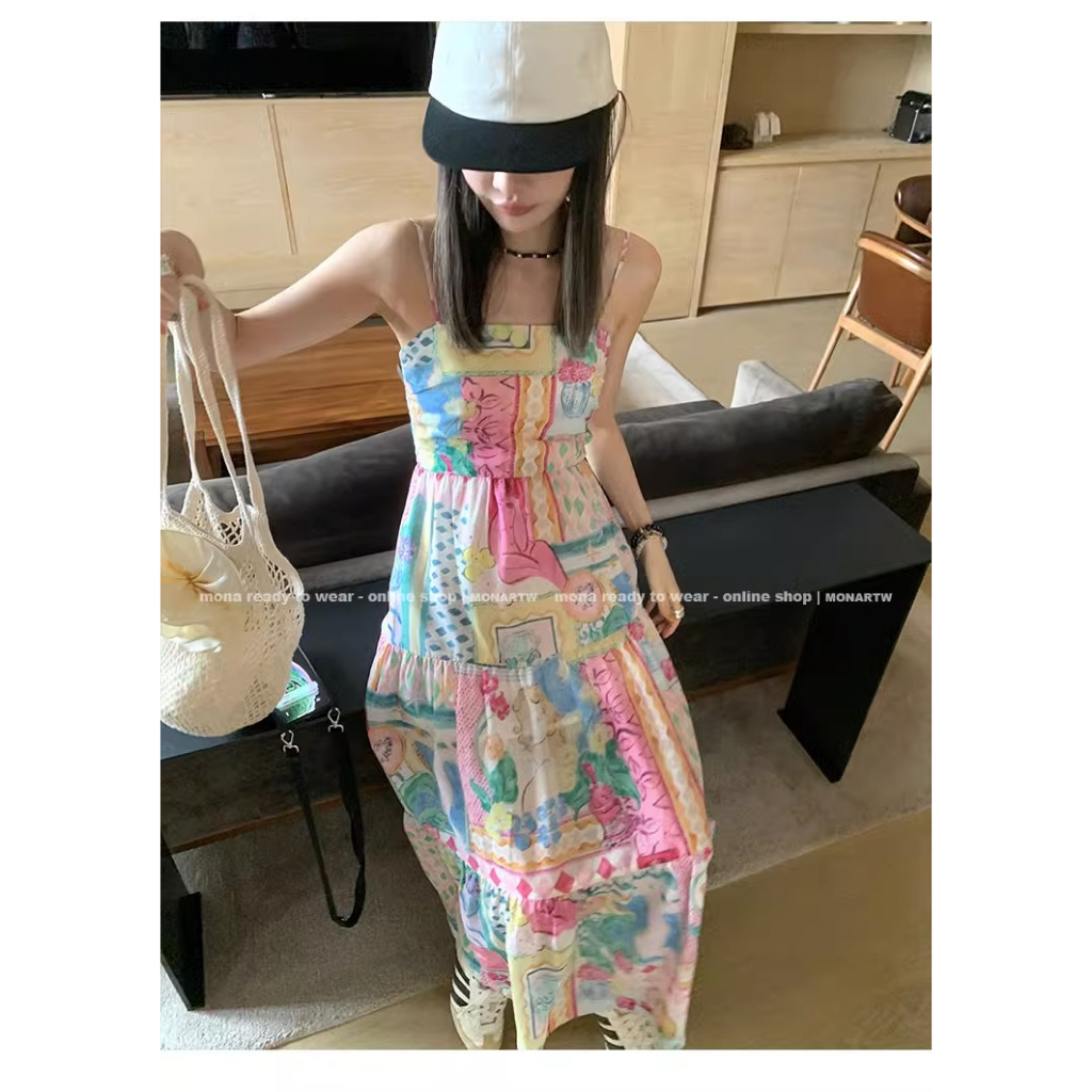 Honypove Đầm Hai Dây Dáng Dài Thời Trang Mùa Hè Phong Cách Retro Cao Cấp Cho Nữ