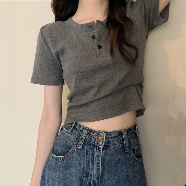 WANGJIAOZHAN Áo croptop thun tay ngắn cổ phối nút đơn giản thời trang cho nữ