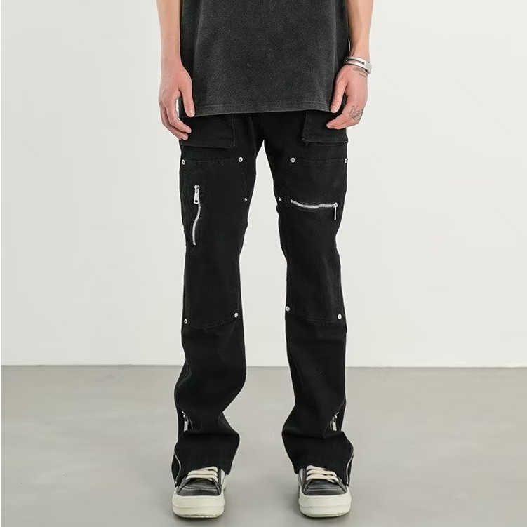 【S-3XL】Quần Jeans Phối Khóa Kéo Nhiều Túi Thời Trang Xu Hướng Hàn Quốc Cho Nam Quần Bò Unisex Zipper Thời Trang Quần Jean Đen Ống Rộng Nam Quần Jean Nam Co Giãn