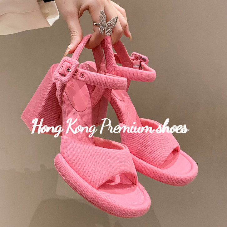 Hong Kong Premium shoes❥Xăng đan Cao Gót Hở Mũi Đính Nút Sau Lưng Phong Cách Pháp Cho Nữ
