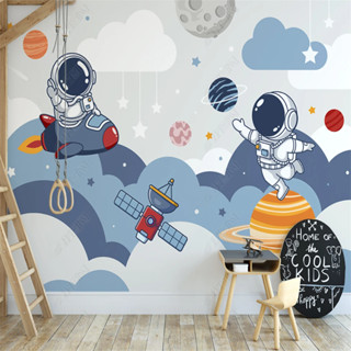 Hoạt Hình Không Gian Hành Tinh Tên Lửa Vệ Tinh Phi Hành Gia Giấy Dán Tường Trang Trí Phòng Bé Trai Bức Tranh Tường Phòng Trẻ Em Phòng Ngủ Mẫu Giáo Giấy Dán Tường