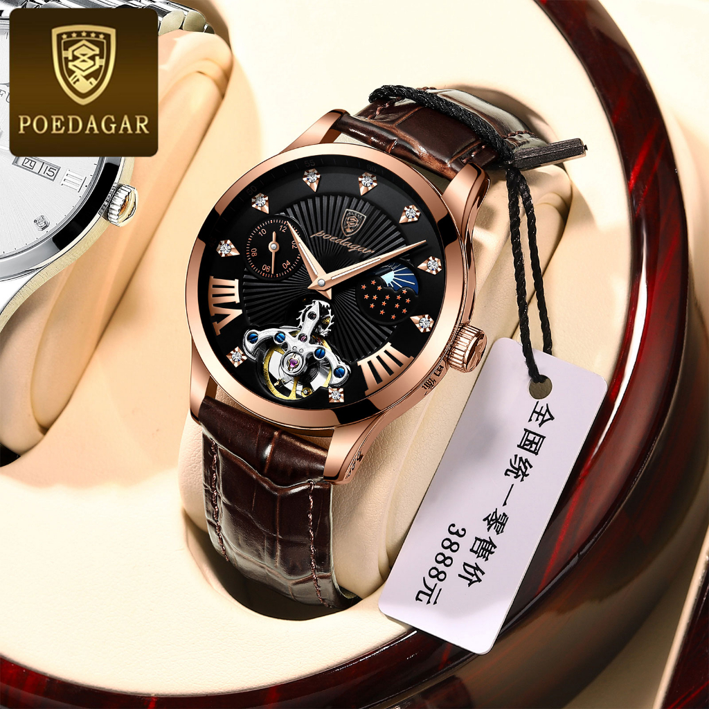 POEDAGAR Đồng hồ nam chính hãng Dây da có chức năng Lịch chống nước phát sáng Mặt số