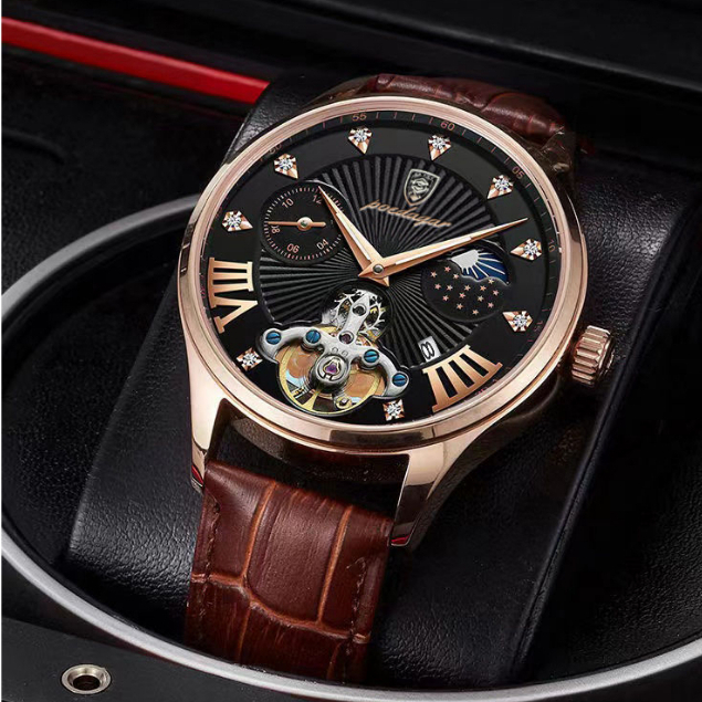 POEDAGAR Đồng hồ nam chính hãng Dây da có chức năng Lịch chống nước phát sáng Mặt số