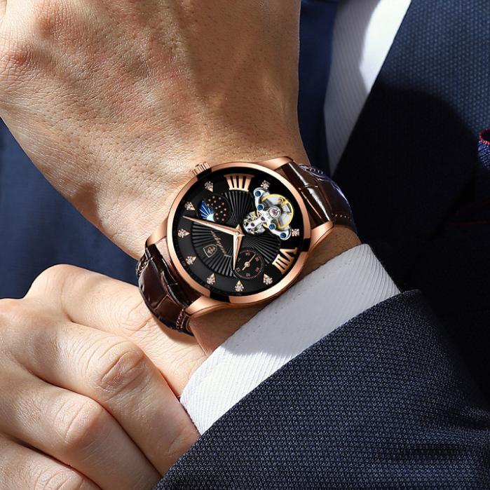 POEDAGAR Đồng hồ nam chính hãng Dây da có chức năng Lịch chống nước phát sáng Mặt số