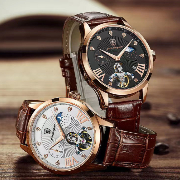 POEDAGAR Đồng hồ nam chính hãng Dây da có chức năng Lịch chống nước phát sáng Mặt số