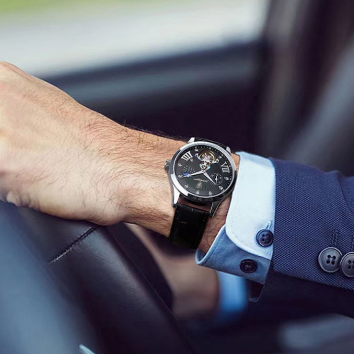 POEDAGAR Đồng hồ nam chính hãng Dây da có chức năng Lịch chống nước phát sáng Mặt số