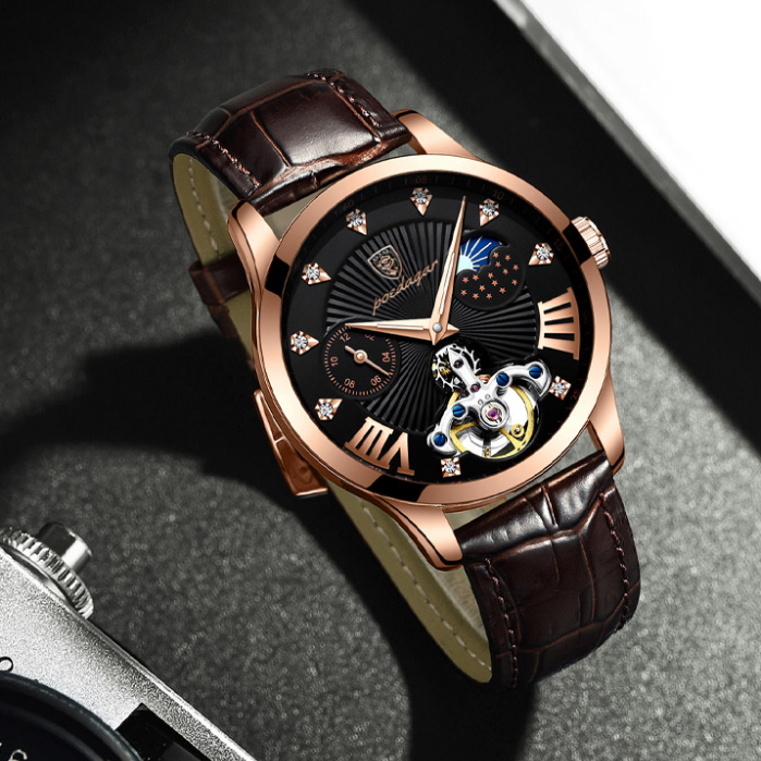 POEDAGAR Đồng hồ nam chính hãng Dây da có chức năng Lịch chống nước phát sáng Mặt số