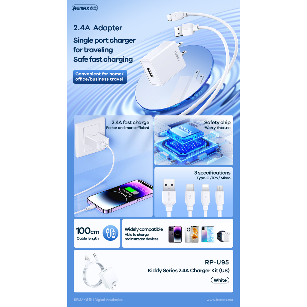 REMAX 2.4A RP-U95 Charging Cable+Adapter Kit
