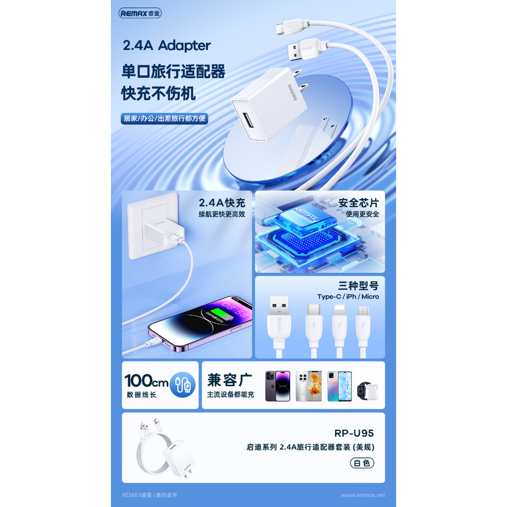 REMAX 2.4A RP-U95 Charging Cable+Adapter Kit
