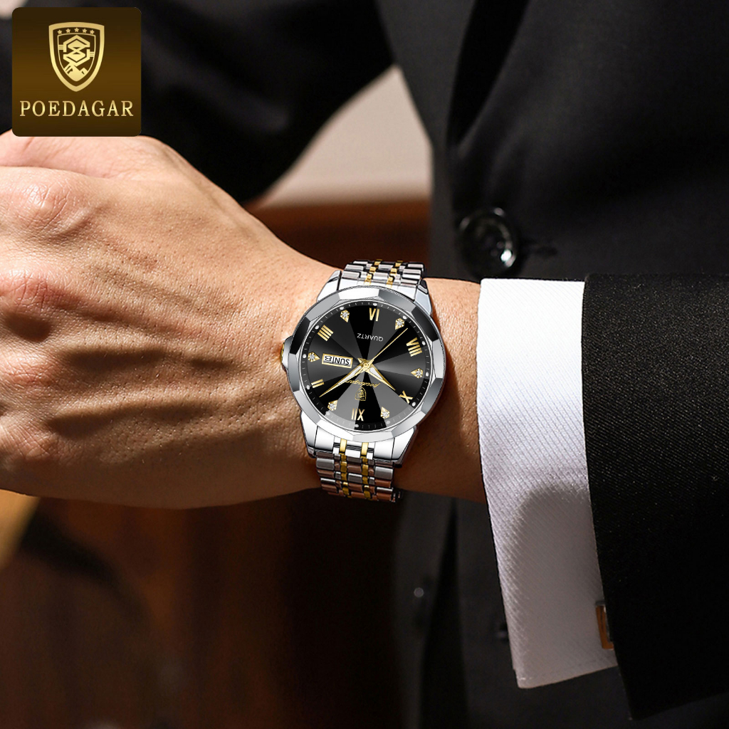 POEDAGAR Đồng hồ nam chính hãng Dây đeo bằng thép không gỉ Lịch có chức năng phát sáng Chống thấm nước 810