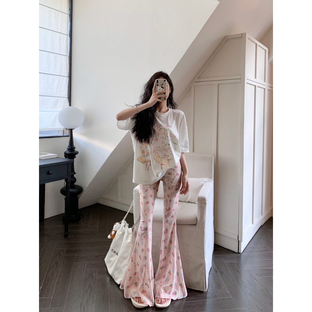 Set Áo Thun Trắng Ngắn Tay In Hình + Quần Dài Lưng Cao Thời Trang Nữ