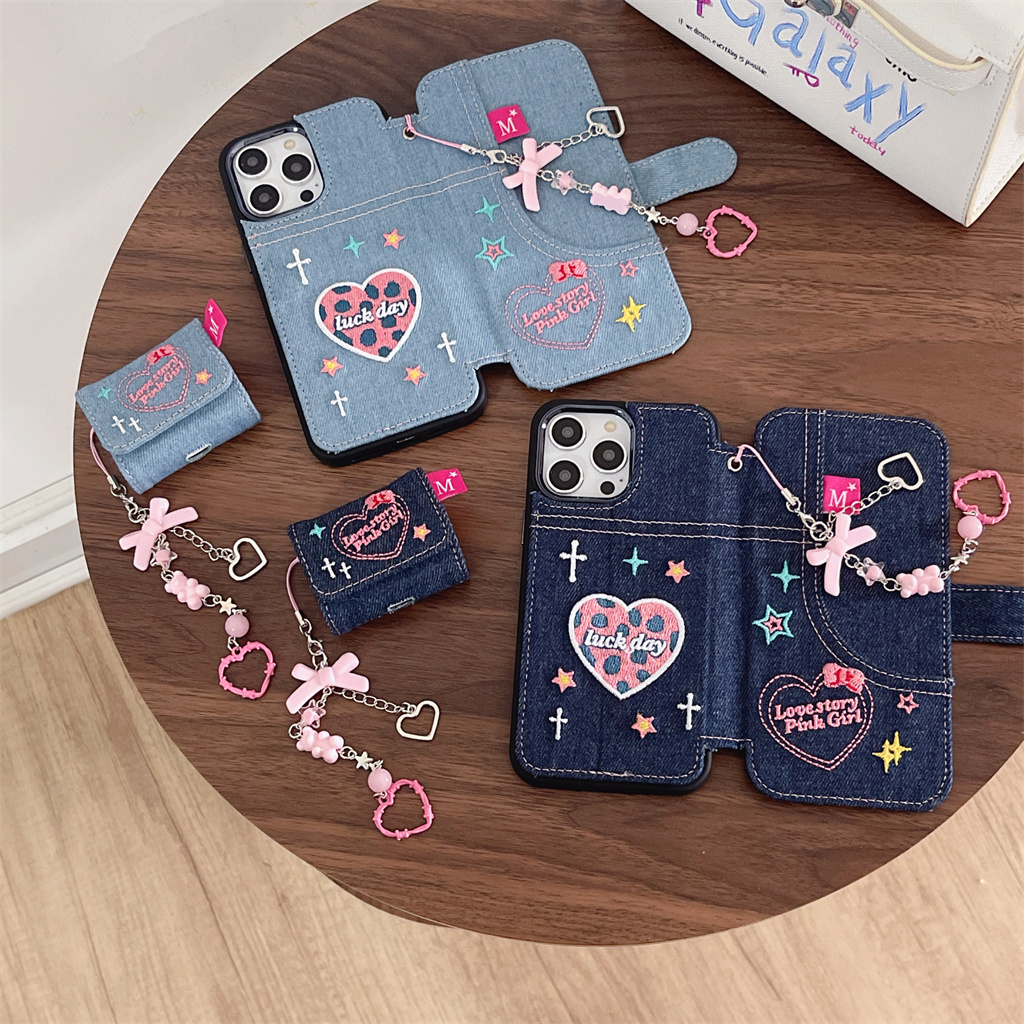 Bao Da Điện Thoại tpu Mềm Họa Tiết denim Thêu Hình Trái Tim Cho iphone 15 pro max 14 pro max 13 pro max 12 pro max Ốp