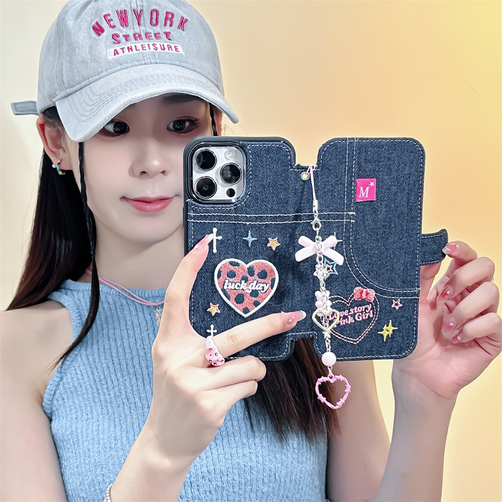 Bao Da Điện Thoại tpu Mềm Họa Tiết denim Thêu Hình Trái Tim Cho iphone 15 pro max 14 pro max 13 pro max 12 pro max Ốp