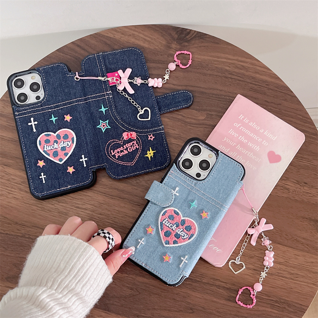 Bao Da Điện Thoại tpu Mềm Họa Tiết denim Thêu Hình Trái Tim Cho iphone 15 pro max 14 pro max 13 pro max 12 pro max Ốp
