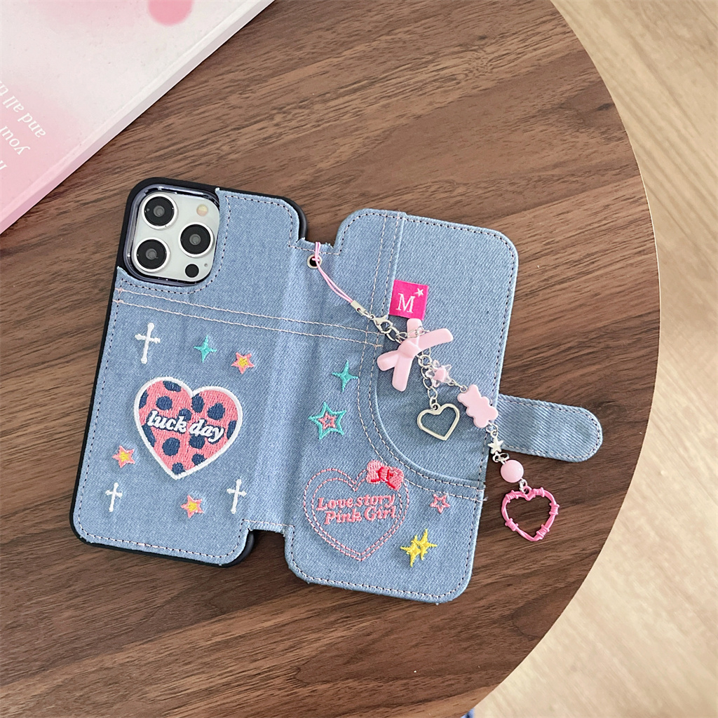 Bao Da Điện Thoại tpu Mềm Họa Tiết denim Thêu Hình Trái Tim Cho iphone 15 pro max 14 pro max 13 pro max 12 pro max Ốp