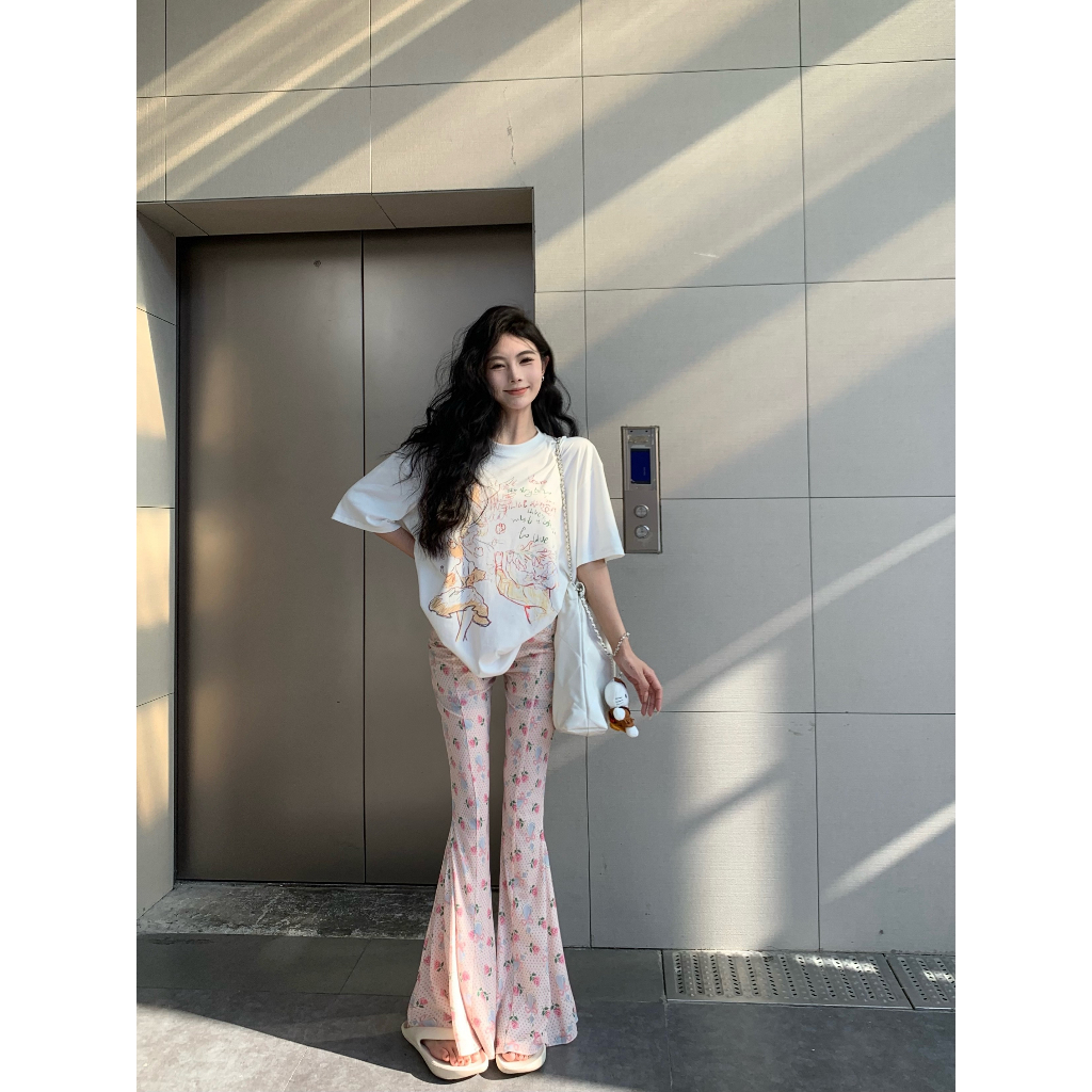 Set Áo Thun Trắng Ngắn Tay In Hình + Quần Dài Lưng Cao Thời Trang Nữ